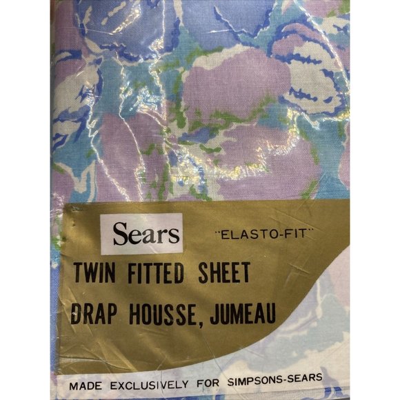Sears Elasto-Fit Twin Fitted Sheet 39” X 75” Flower Power Mod MCM Blue Purple - Picture 4 of 14